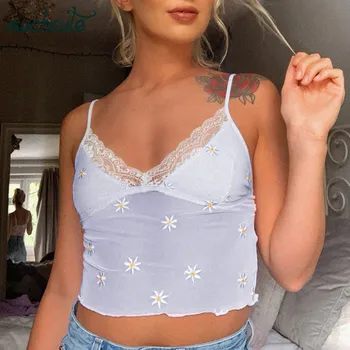 

SUCHCUTE Daisy embroidery female T-shirt y2k aesthetic camis bow crop top mesh lace tops summer 2020 vintage e girl tee 90s goth