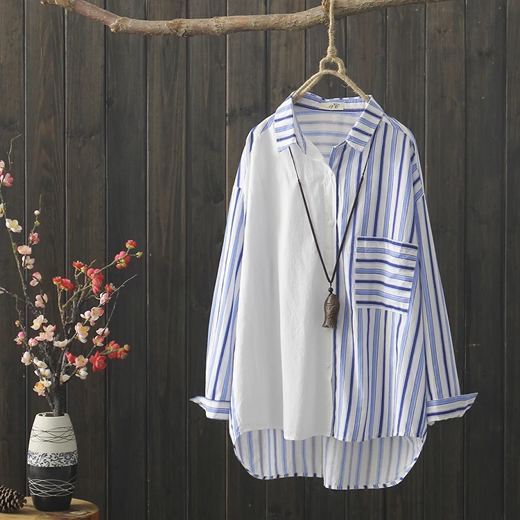 Синий Короткая Лоскутная полосатая рубашка для женщин уличная работа Blusas отложной воротник с длинным рукавом Осень нерегулярные блузки синий карман - Цвет: Синий