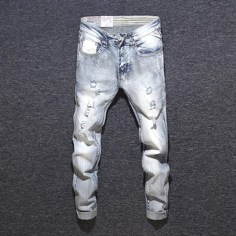 

Italian Style Fashion Men Jeans Light Blue Elastic Ripped Jeans Men Denim Hip Hop Pants Streetwear Vintage Designer Jeans Homme