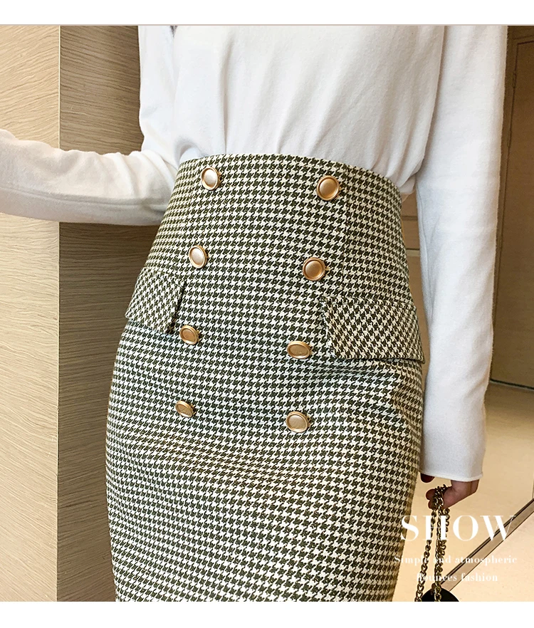 Woolen Double Breasted Skirt Winter Women Vintage Plaid High Waist Femininas Sheath Plaid Skirt