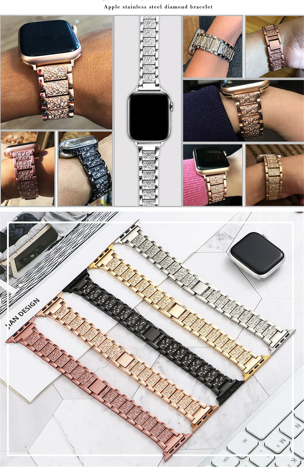 Бриллиантовый ремешок из нержавеющей стали для Apple watch 5, ремешок 42 мм, 38 мм, iwatch Series 4, 3, 2, 1, ремешок 44 мм, 40 мм, браслет, аксессуары для часов