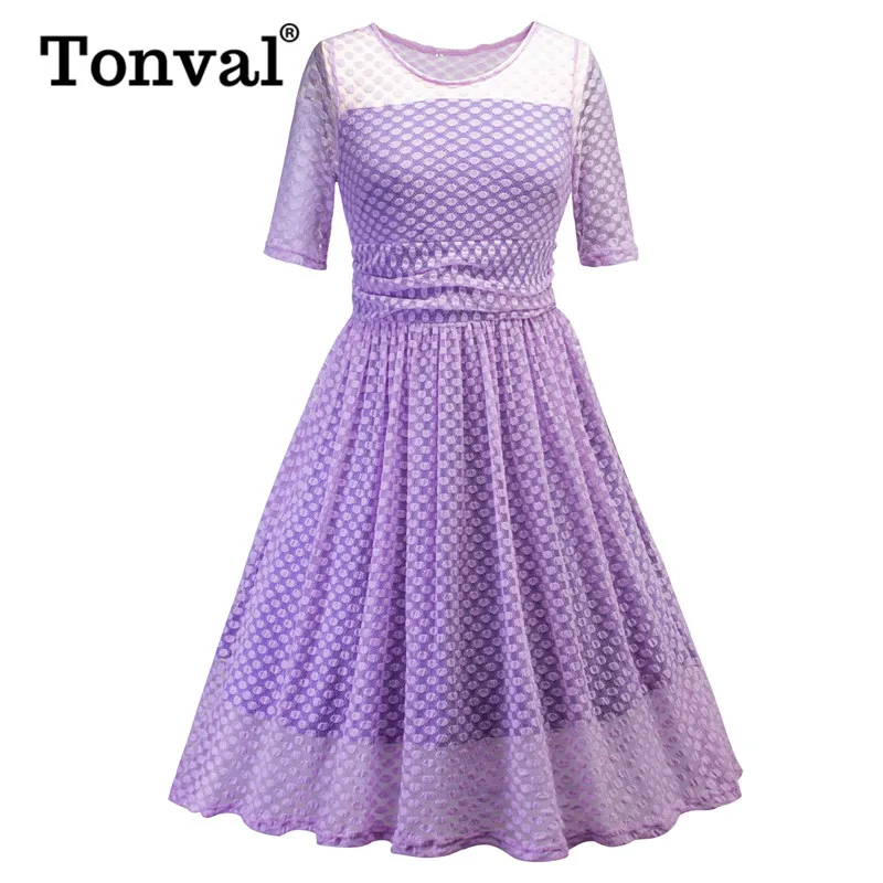

Tonval Vintage Polka Dot Lace Overlay Purple Ruched Pleated Dress Half Sleeve Women High Waist Elegant Ladies Dresses