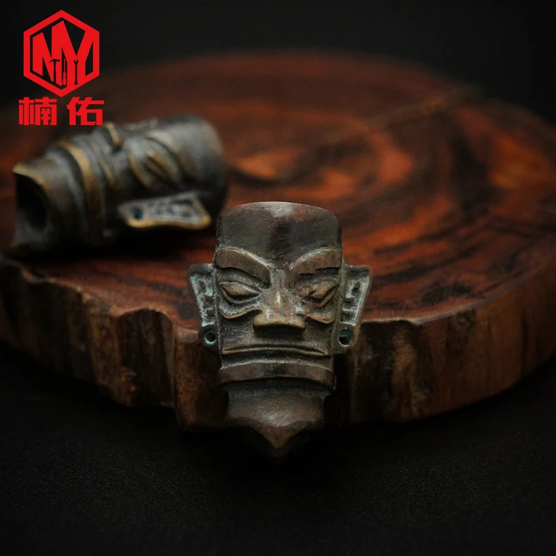 1 шт. древний Китай Sanxingdui бронзовая маска латунь медь EDC бусы на веревочке ремешок Подвески Нож бусины зонтик веревка шнур кулон