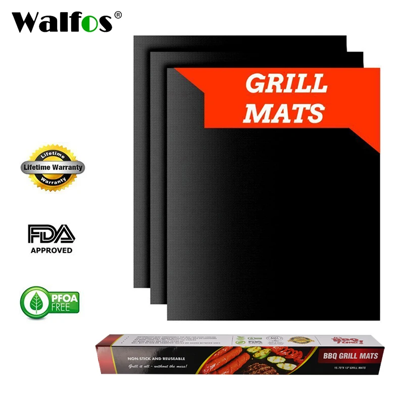 WALFOS 3 pieces Reusable BBQ Grill Mat Pad Sheet Hot Plate Portable