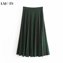 LXMSTH зеленая юбка для Для женщин весенний стиль однотонные Стрейчевые в сеточку на талии до середины икры плиссированные юбки для женщин Женская Корейская одежда