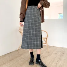 Модная клетчатая юбка, женская осенняя и зимняя полуоблегающая юбка-карандаш с разрезом, женские длинные юбки с высокой талией