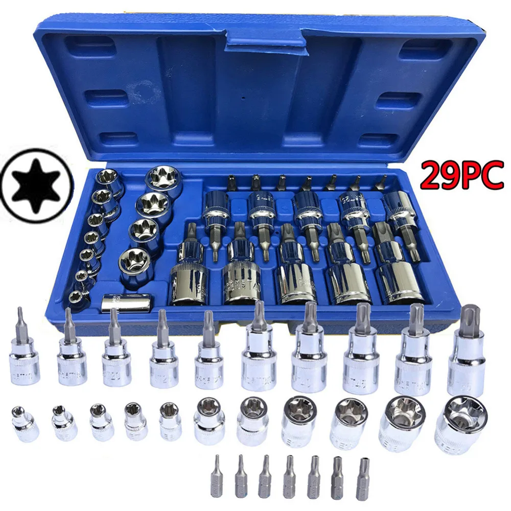 29PCS Chrome Vanadium Steel Pressure Batch Sleeve Set Machine Motor Socket Wrench Female Torx Male with 1/4" Bit Holder 25l Bits