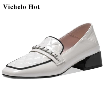 

Vichelo Hot big size shoes women classic colors genuine leather square toe med heel gentlewomen streetwear fashion pumps L7f3