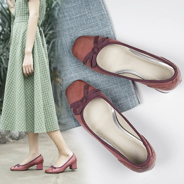 

2019 Autumn Hot Selling Square Head Chunky Heel Solid Color Simple Versatile Korean-style Literature And Art Vintage Wine Fashio