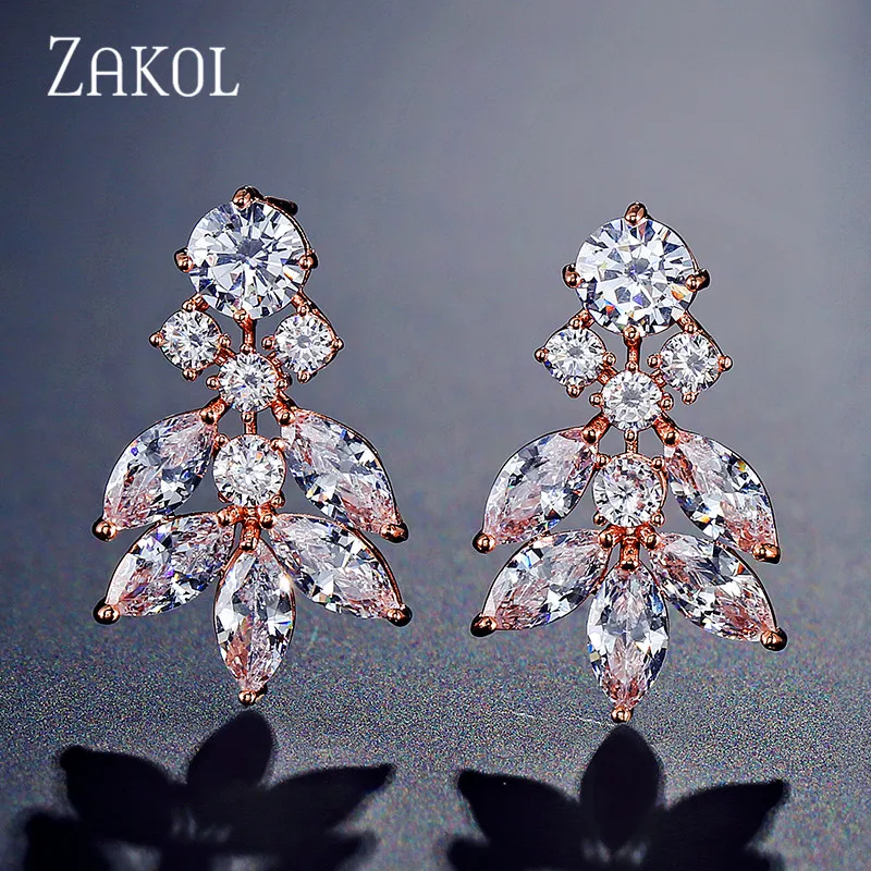 Rose Gold Color ZAKOL, элегантные серьги с кубическим цирконием, цветами, листьями, свадебные ювелирные изделия, для женщин, для свадьбы, ужина, вечерние, ужина, подарок на день рождения, FSEP2240 - Окраска металла: Rose Gold Color