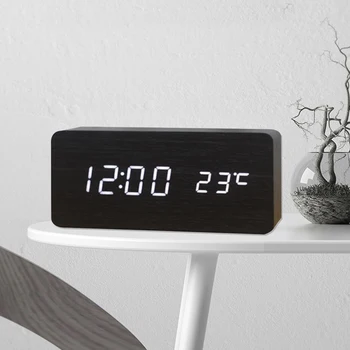 

Modern Wooden Alarm Clock Wood USB/AAA Digital LED Calendar Thermometer Bedroom Voice Control Living Room Decoration