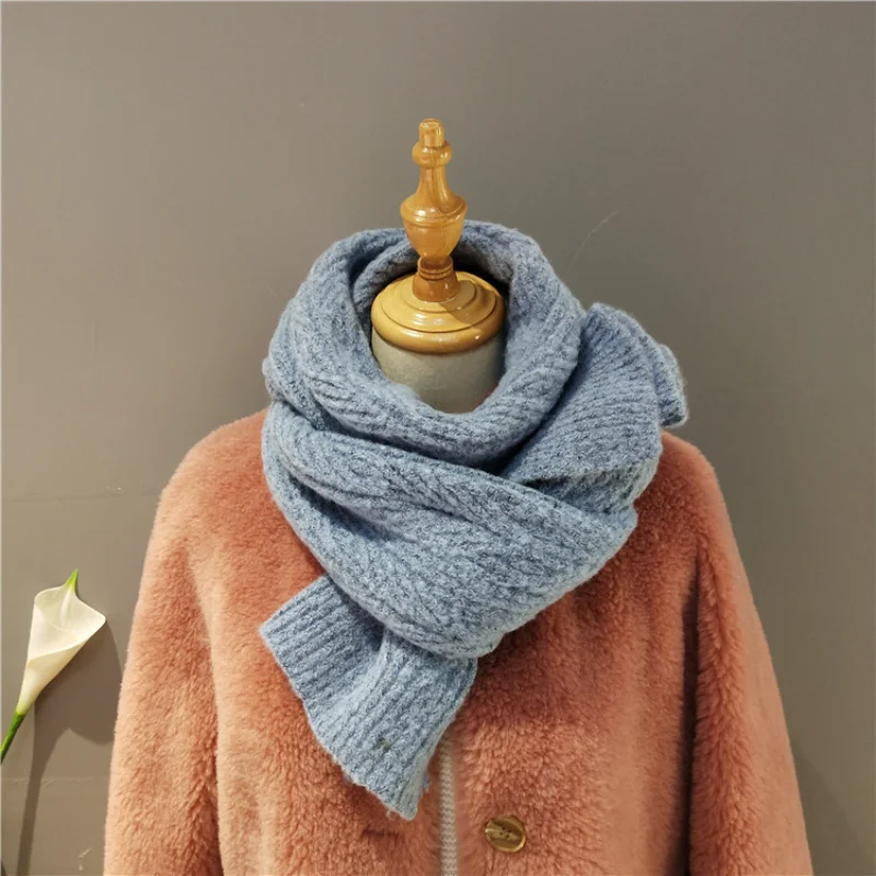 Pure colour woolen scarf female autumn and winter casual knitting scarf cute Japanese thickening warm shawl for school and work