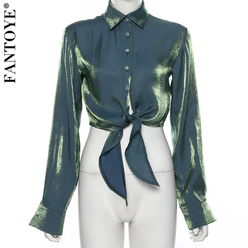 FANTOYE/Модная женская пикантная блузка для вечеринок,, блестящий топ с бантом, рубашки для молодых девушек, повседневные свободные блузки с длинными рукавами