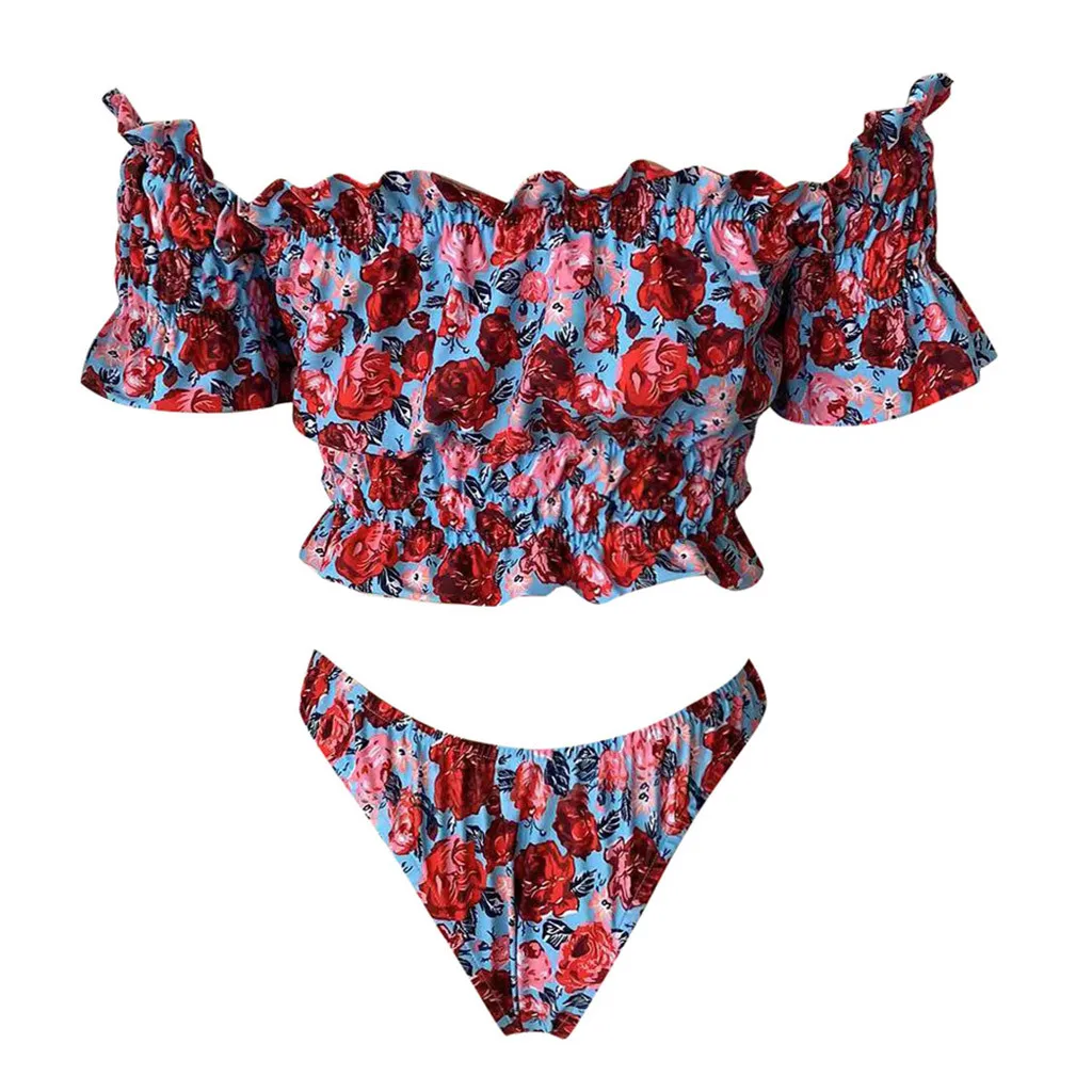 JAYCOSIN swimwear Women Shoulder Retro Small Fresh Swimsuit Set Beach Party Flower Print Elastic Bikini Red Series Fashion New 
