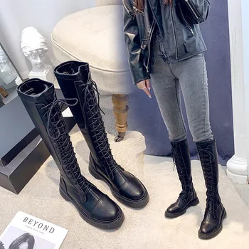

Long boots women's 2020 autumn and winter new high boots lace up leather boots but knee warm knight boots