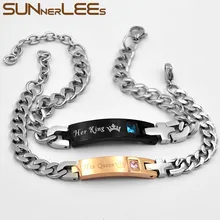 SUNNERLEES Нержавеющая сталь Пара ID браслет CZ камни любовник Корона Шарм звено цепи для мужчин женщин подарок на день Святого Валентина SCB01