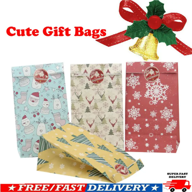 

24pcs Christmas Kraft Paper Handle Bags Shopping Carrier Present Gift Bags Festival Gifts Boxes