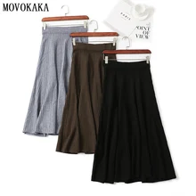 Новая Вязаная юбка Женская осенне-зимняя юбка плиссированная длинная юбка плюс размер корейские юбки офисные модные юбки женские однотонные