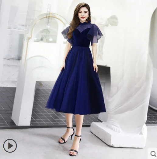 navy blue tea-length Новое бордовое вечернее платье Длинное Элегантное ТРАПЕЦИЕВИДНОЕ кружевное официальное с короткими рукавами вечернее платье для невесты, выпускного вечера, вечерние платья - Цвет: navy blue tea-length