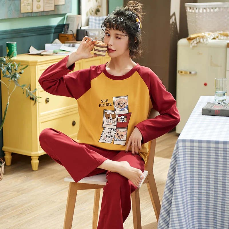 

Pajamas Women's Spring And Autumn 6535 Cotton Long Sleeve Trousers Korean-style Women's Summer Thin Section Nursing Home Wear Tw