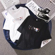 2020 women's T-shirt girl tops tees white black short sleeve summer clothes cartoon kitty cat shirt couple shirts