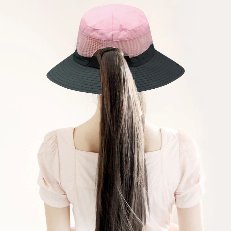 Kids Girls Ponytail Summer Sun Hat Wide Brim UV Protection Bucket Cap Women Outdoor Wide Brim Foldable Safari Fishing Cap New