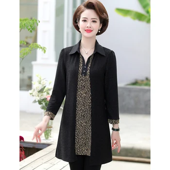 

Fake Two Pieces Women T-Shirt Middle Age Mother Clothes 2020 Spring Fall New Plus Size Turn-Down Collar Long Sleeve Top Pullover