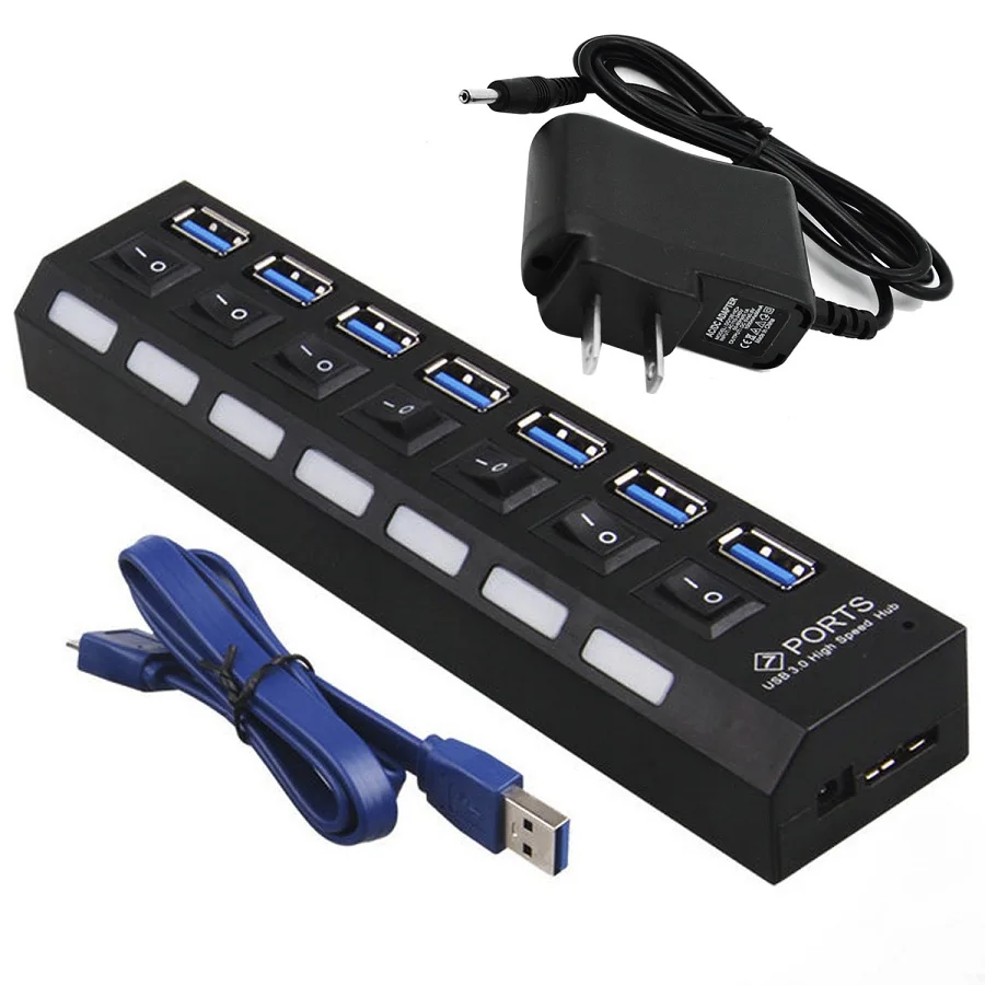 Black VONETS 7-Порты Мульти USB 3,0 концентратор адаптер питания разветвитель Зарядное устройство оснащено индивидуальными Мощность переключатель и светодиодный свет для портативных ПК штепсельная вилка стандарта США - Цвет: Black