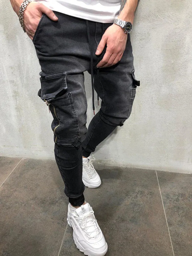 Cheap Men Stretchy Multi-pocket Skinny Jeans men pocket zipper pencil Pants 2019 fashion jeans Casual Trousers Hip hop sweatpants