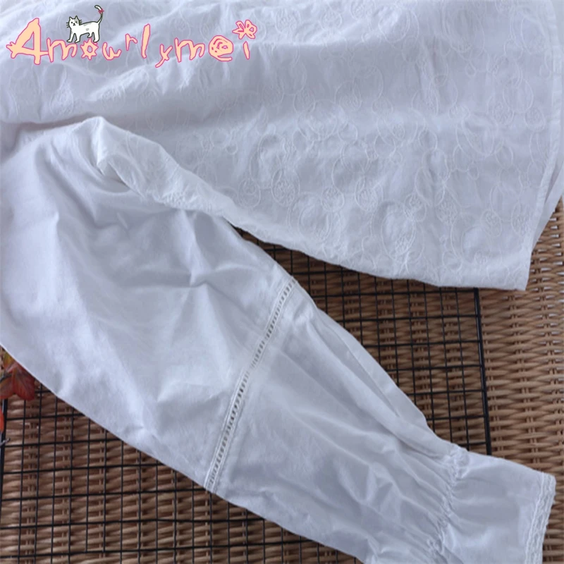 Blusas Femininas Осенняя Женская хлопковая белая рубашка девушка Мори милое воротник-стойка с вышивкой кружевные блузки с расклешенными рукавами Топ