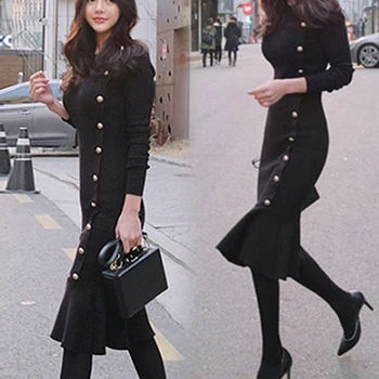 

Women Lady Long Sleeve Round Collar Fishtail Knit Bodycon Dress for Autumn Winter SHIP FROM US A66