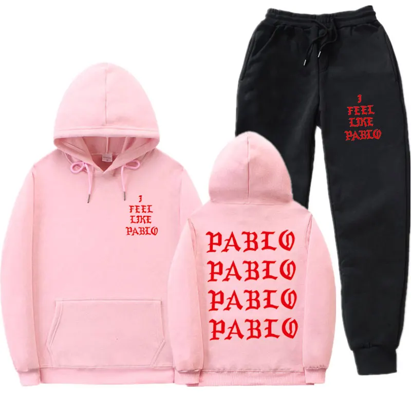 Модный мужской спортивный костюм с надписью I feel like Paul Pablo Kanye West, Мужская и Женская толстовка с капюшоном в стиле хип-хоп, уличная одежда, костюм из двух предметов - Цвет: pink MK110