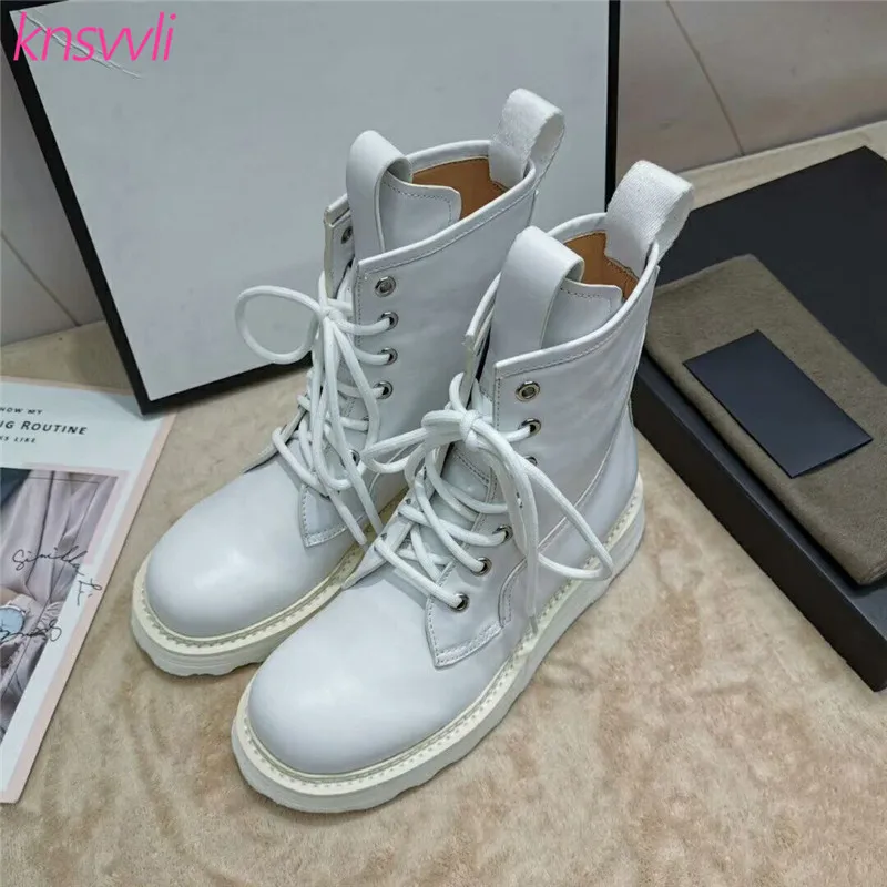 white leather Новинка; Женские ботинки в байкерском стиле из натуральной кожи на шнуровке; теплые меховые зимние ботинки; женские зимние ботинки на толстой платформе с круглым носком - Цвет: white leather
