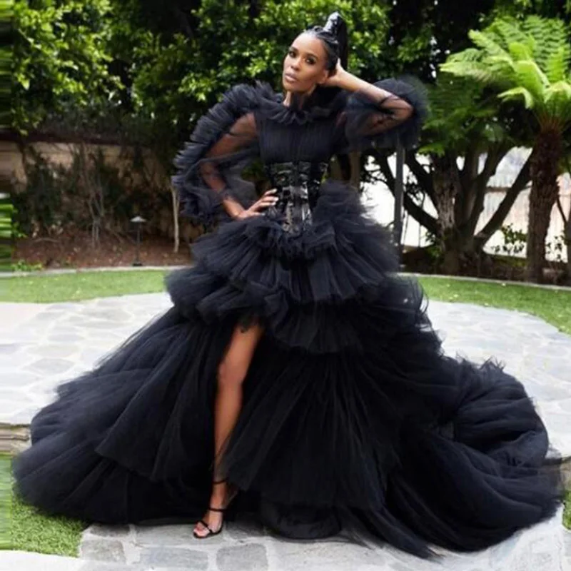 

Robe de soiree Arabic Black Long Sleeves Evening Party Dresses Long Modest Formal Dress Tiered Tulle High Low Prom Gowns vestido