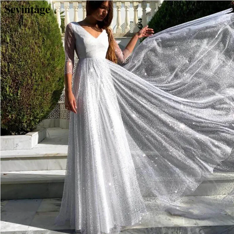

Sevintage Shinny Tulle Long Prom Dresses 3/4 Sleeves Evening Gowns Floor Length Backless Women Formal Dress robe de soiree 2020
