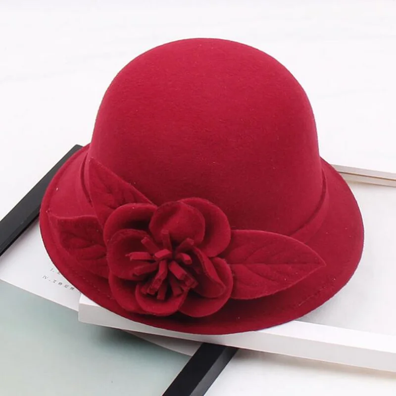 Шерстяные мягкие шляпы фетровая шляпка-Клош винтажный палантин с цветком шляпы-ведерки 9 цветов шапки-котелки женские - Цвет: wine