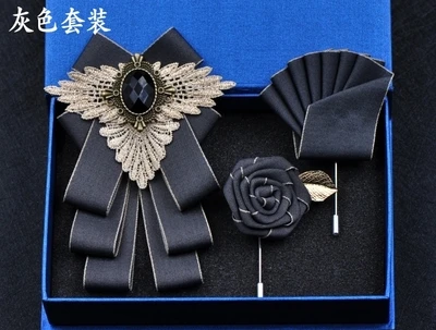 Новая мода мужской ручной работы британская формальная одежда бизнес корейский Свадебный галстук-бабочка жениха карманный набор полотенец - Цвет: grey set