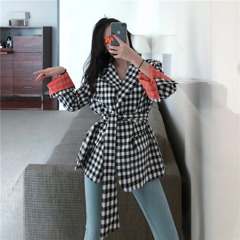 Streetwear Plaid Blazers Women Chic Notched Long Sleeve Jacket with belt Spring Autumn office lady blazers bleiser feminino