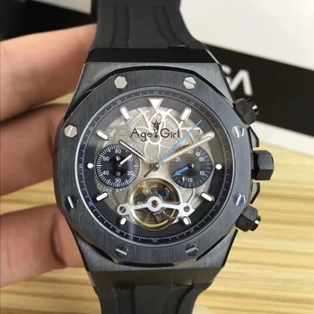 

Luxury Brand New Men Stainless Steel Automatic Mechanical Sapphire Watches Full Black Case Rubber Tourbillion Blue Green Hand