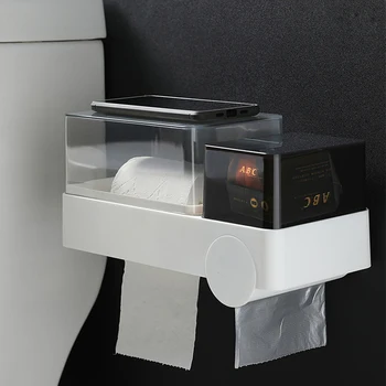 

Transparent Toilet Paper Holder Multifunction Tissue Dispenser With Garbage Bags Bathroom Storage Rack Black For Roller Paper