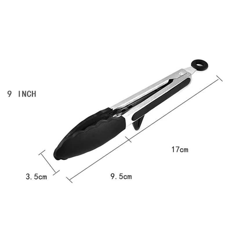 black 9 inch Щипцы для сервировки салата и барбекю антипригарные из нержавеющей стали фиксирующие щипцы ручка посуда ручной формы мини силиконовые кухонные инструменты для зажима - Цвет: black 9 inch