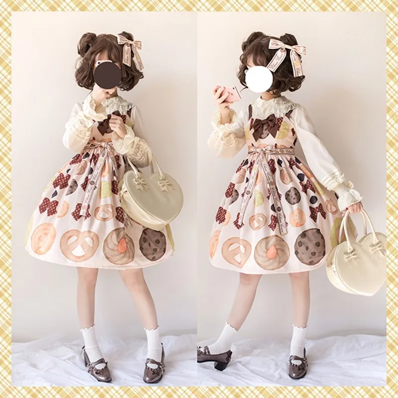 Japanese kawaii girl sweet lolita dress vintage high waist cute printing bowknot victorian dress loli cosplay gothic lolita jsk