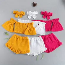 Conjunto de roupas 1-6 anos, moda verão, para crianças, bebês, meninas, manga curta, ombro de fora, top curto, tiara, 3 peças