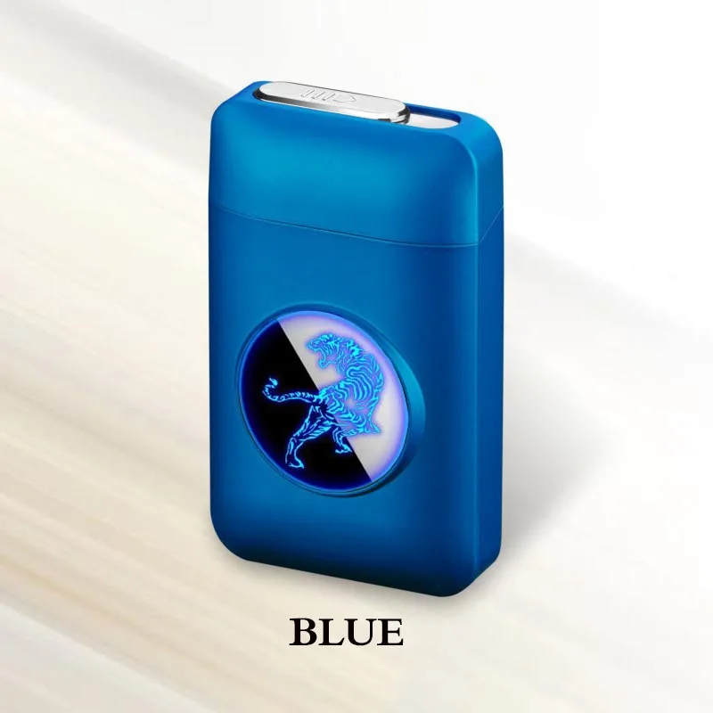 Blue Tiger Чехол для сигарет с металлической емкостью, электронная USB Зажигалка, 19 шт., держатель для сигарет, электрическая плазменная дуговая зажигалка, мужские подарки - Цвет: Blue Tiger