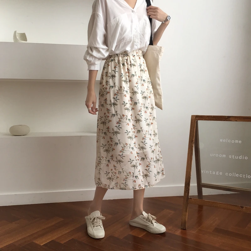

faldas mujer moda 2019 jupe femme mori girls autumn spring Japanese style elastic waist long navy blue white printed midi skirt