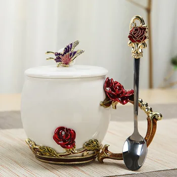 

Creative cover with spoon new enamel ceramic gift mug coffee cup