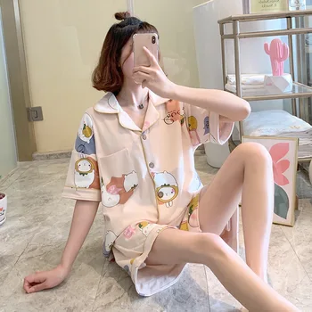 

Cute Cartoon Print 2PCS Shirt&Shorts Sleepwear Women Casual With Pocket Pajamas Suit Summer Cotton Turn-down Collar Nightwear