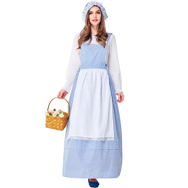 

clothing Europe and the United States farm girl blue lattice kitchen skirt field parents and children performance clothing