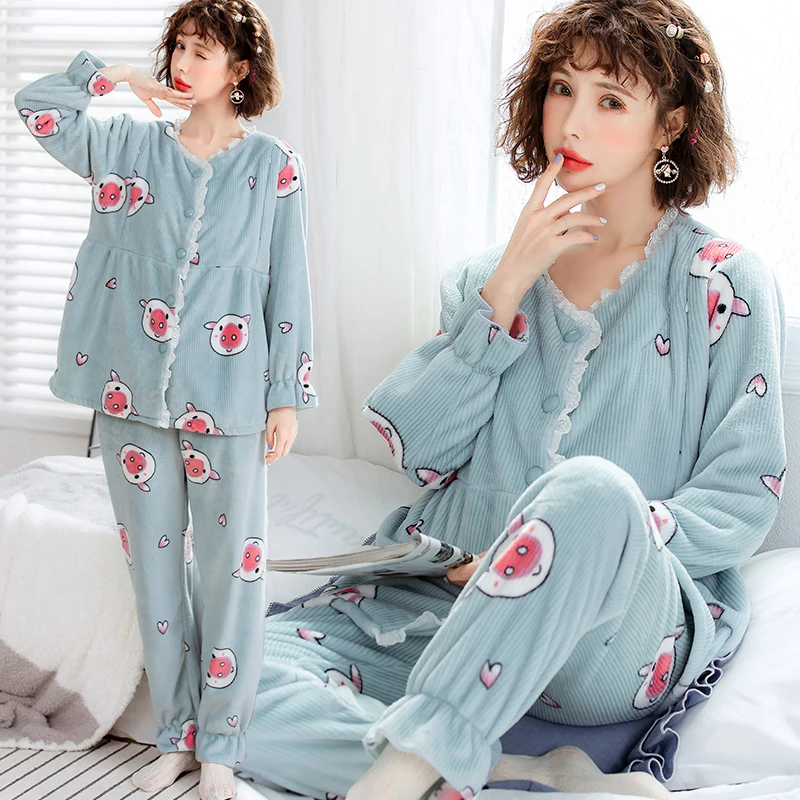 

Winter Cartoon Printed Flannel Maternity Nursing Pajamas Suits Feeding Nightwear Clothes for Pregnant Women Pregnancy Lounge Set