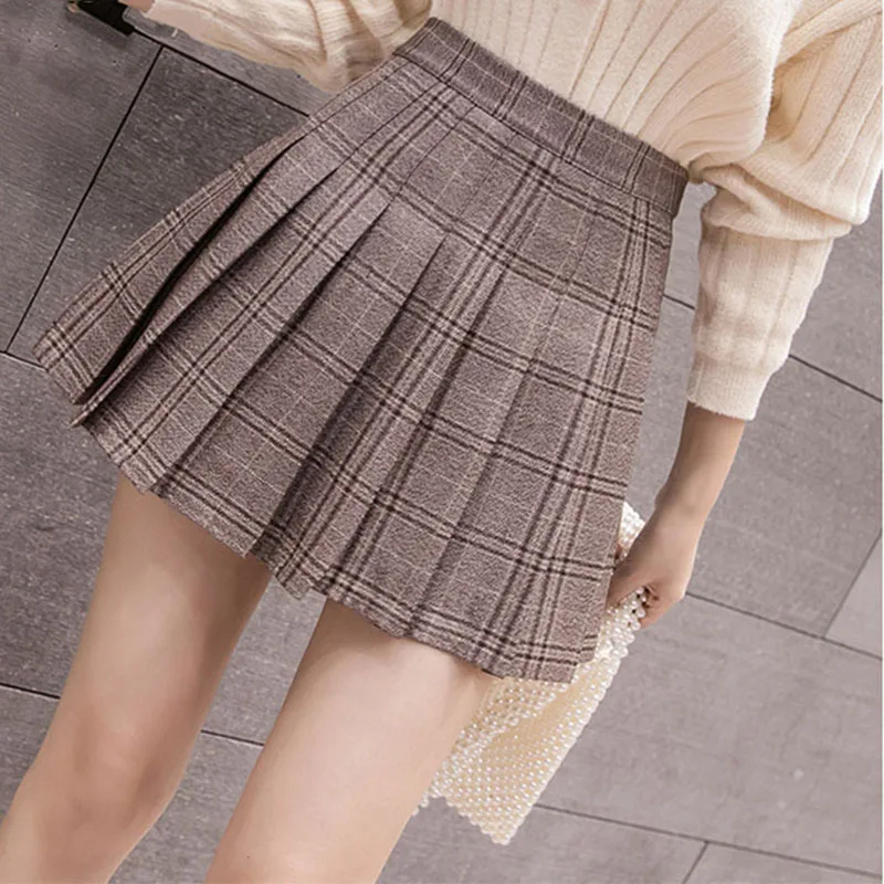 Осень-зима Для женщин клетчатая юбка в складку Женская трапециевидной формы в Корейском стиле империи мини-юбка женский Повседневное Harajuku